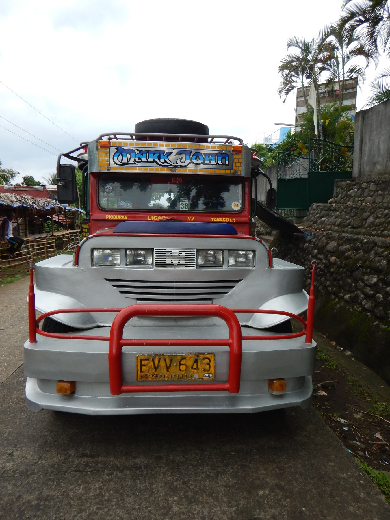 Front view of a decorated Philippine jeepney marked Pio Duran, Ligao and Tabaco City.